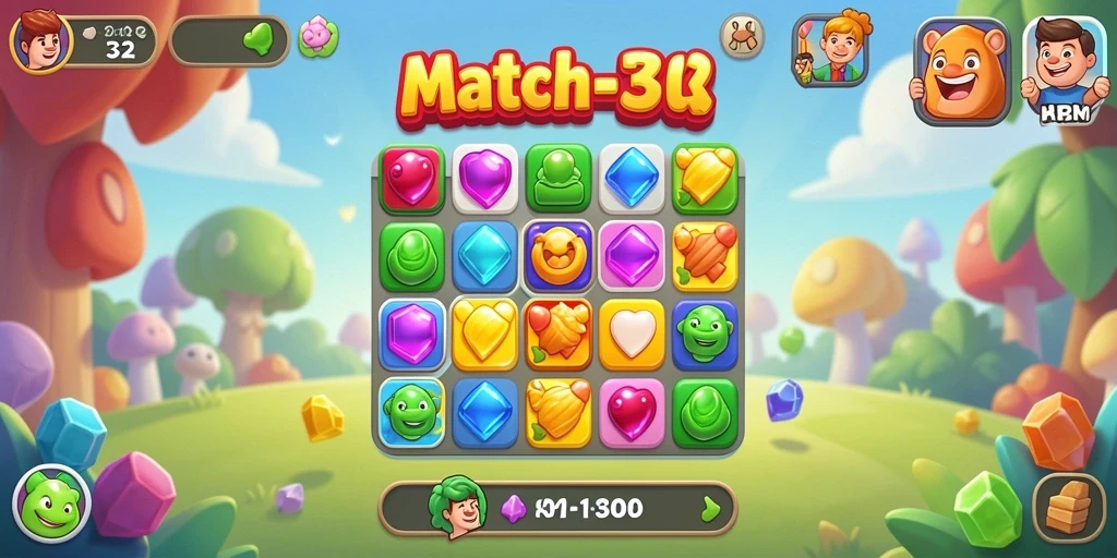 Tangkapan layar gameplay F32 menampilkan kombinasi permata yang seru.