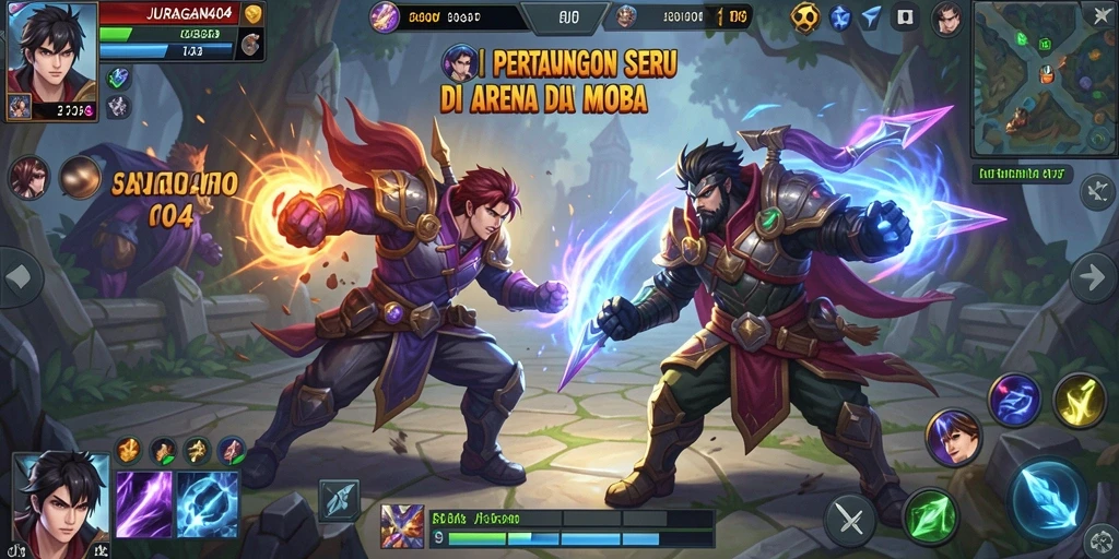 Tampilan gameplay seru dari JURAGAN404 di arena MOBA.