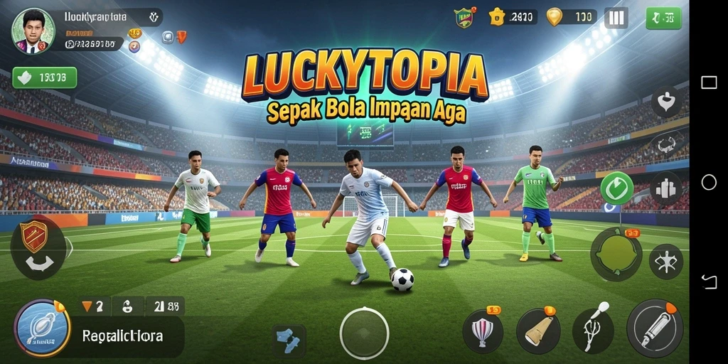 Screenshot gameplay menarik LUCKYTOPIA menampilkan aksi sepak bola.