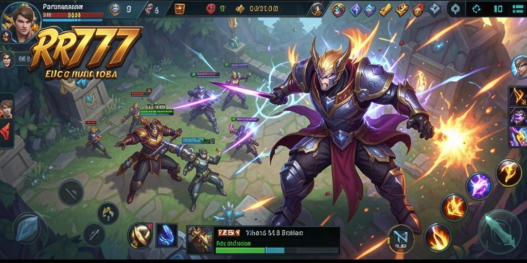 Tampilan seru dari gameplay intens RR777 di arena MOBA.